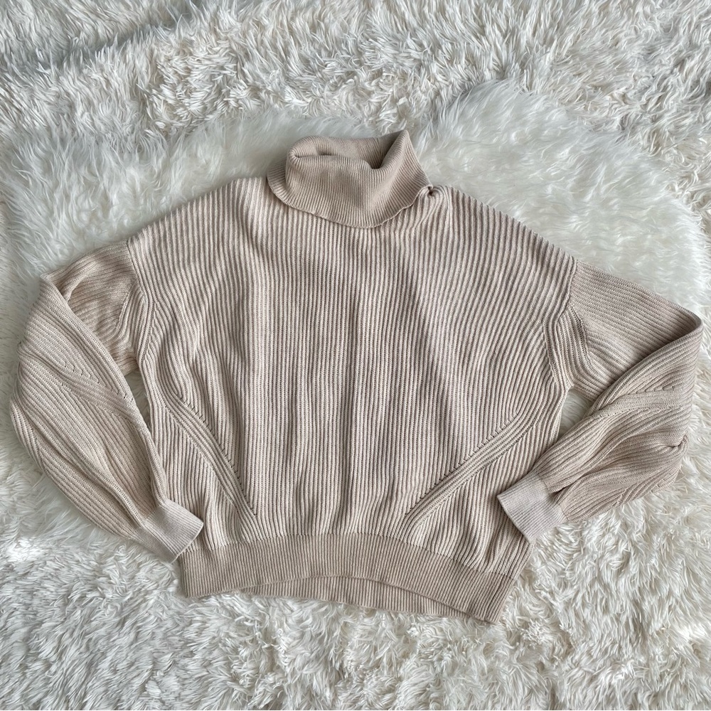 DKNY Cream Textured Cowl Neck Sweater with Balloon Sleeves, size L